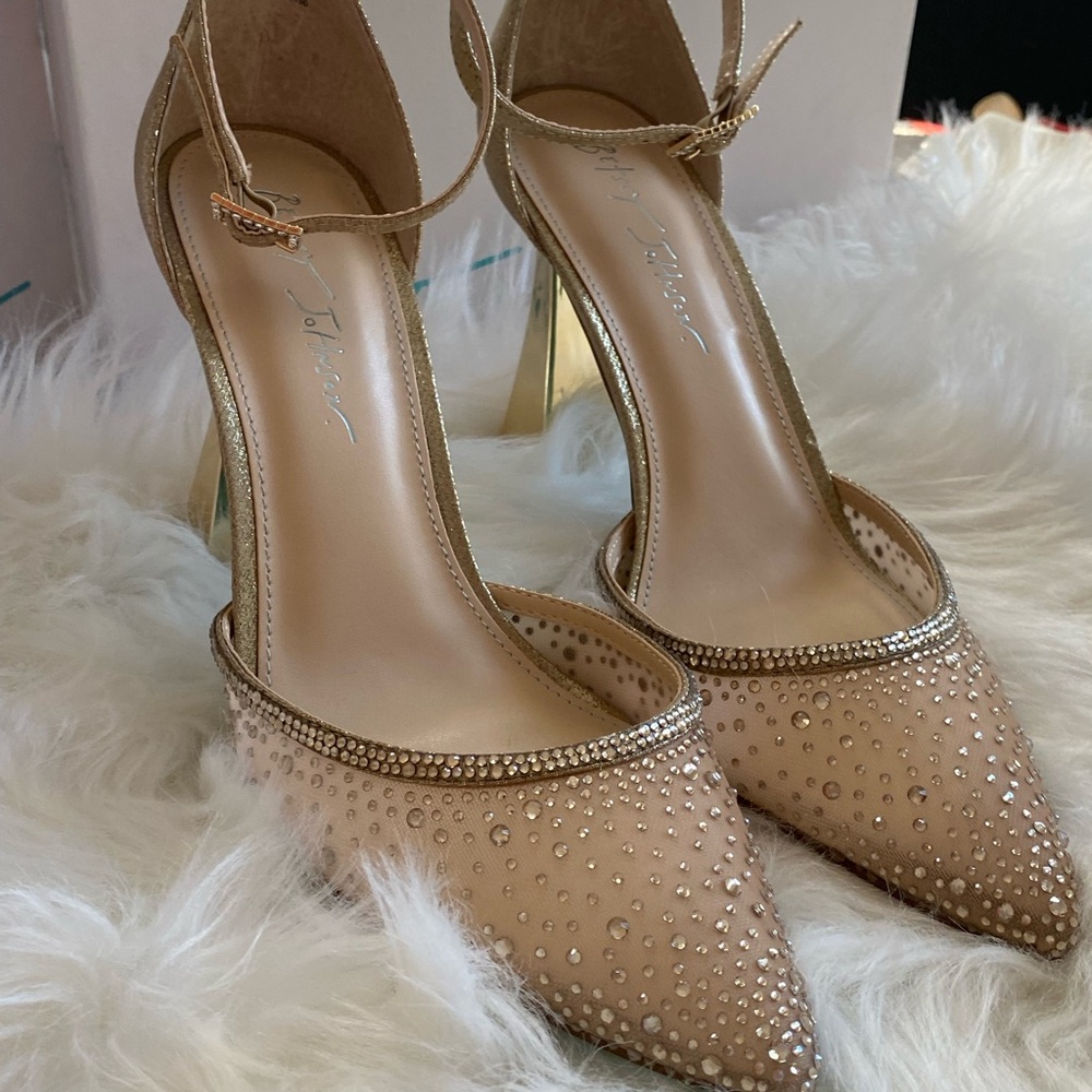 Blue by Betsey Johnson Gold Rhinestone Pointed Toe Pumps - Picture 4 of 12